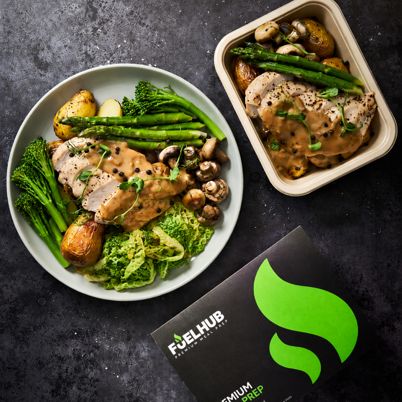 Peppercorn Chicken with Garlic New Potatoes, Button Mushrooms, Asparagus & Tenderstem Broccoli