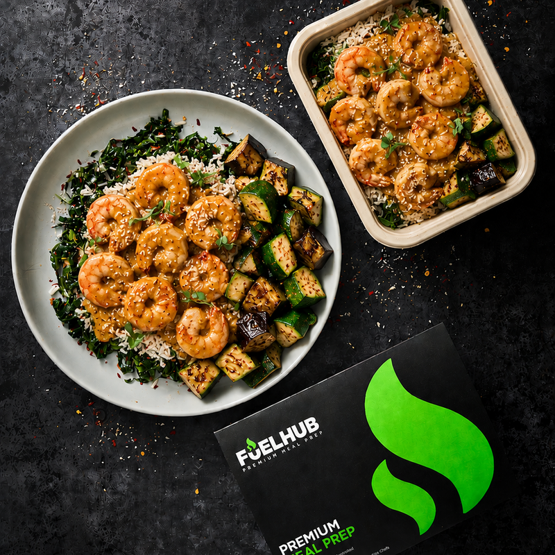 Creamy Thai King Prawn curry with Jasmin rice and roast augergine and courgette