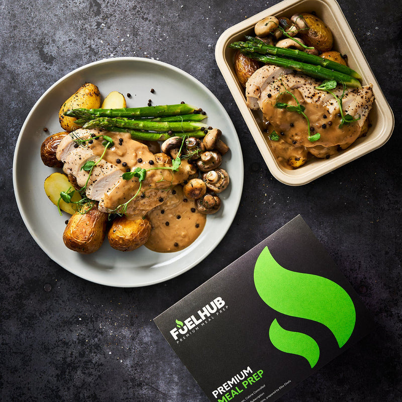 Peppercorn Chicken with Garlic New Potatoes, Button Mushrooms & Asparagus