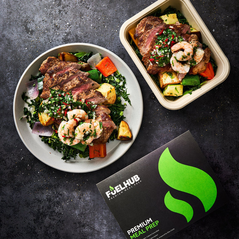 Sirloin Steak Surf & Turf with Garlic Diced Potatoes, Med Veg, Nero Cabbage & Chimichurri